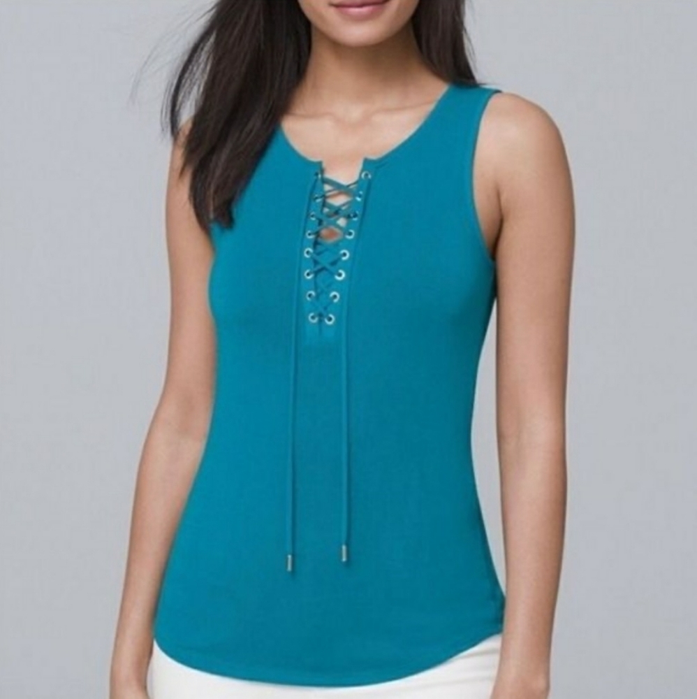 White House Black Market Tank Top Lace Up Top Blue Stretch size Small Office